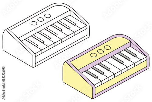 Isometric Piano Keyboard Clipart Black & White Outline & Colored Cartoon Design
