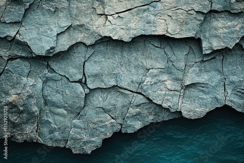 A close-up view of a rugged, teal-toned rock formation meeting a dark teal body of water.