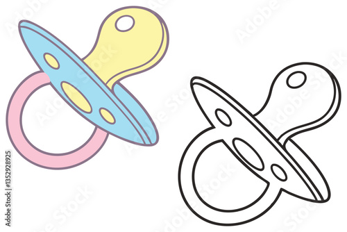 Pacifier Cartoon Illustration, Baby Dummy with Pink, Yellow, Blue Color, Outline Style