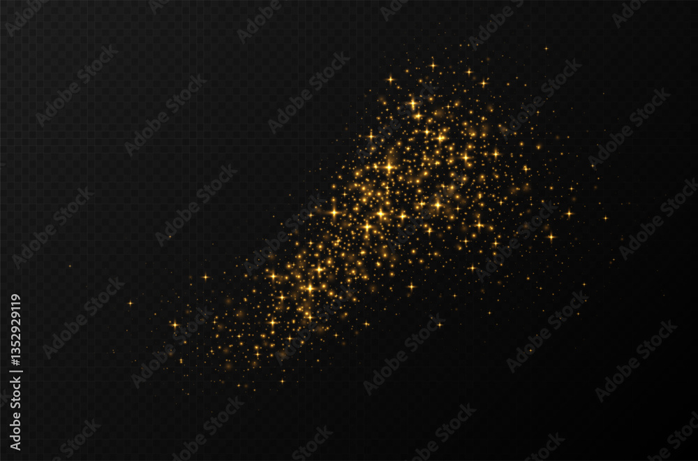 Golden sparkling stars, shiny particles light effect, transparent flying stardust texture, abstract twinkle Christmas decoration. Vector illustration.