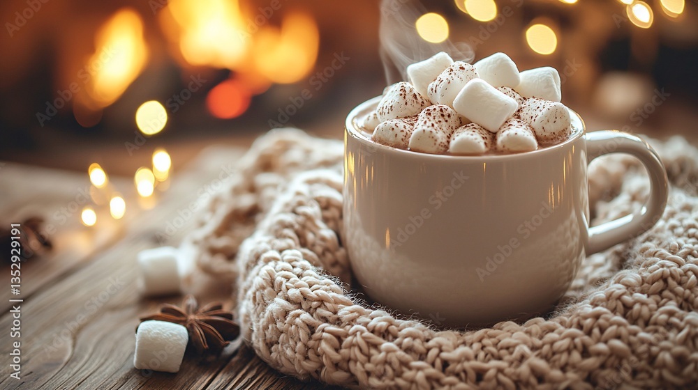 Cozy hot cocoa with marshmallows by fireplace. (1)
