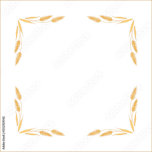 Elegant yellow ornamental frame with cereal spikelets, wheat ears, decorative border, corners for greeting cards, banners, business cards, invitations, menus. Isolated vector illustration.	