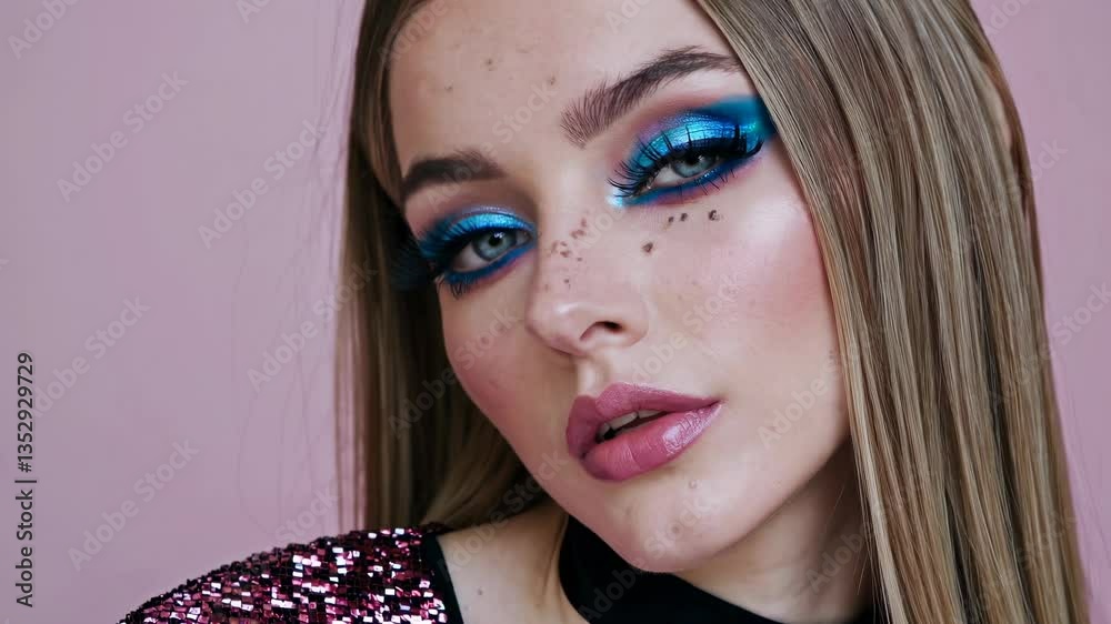 Close-Up of Young Woman with Bold Makeup and Freckles