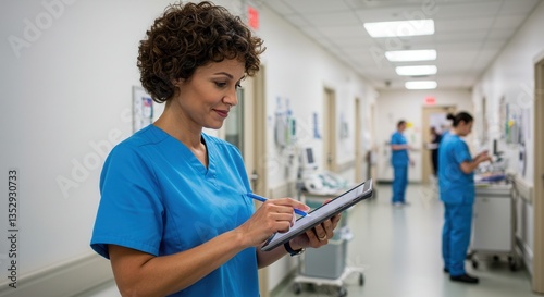 Female Doctor or Nurse Using Tablet Computer in Hospital Corridor