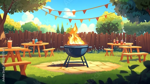 Backyard scene depicting a summer barbecue with food and drinks