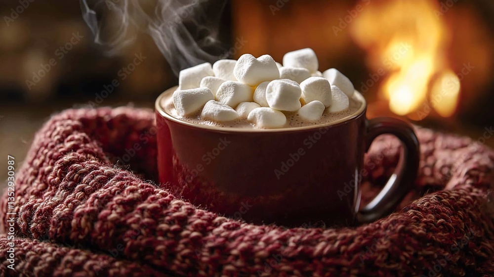Steaming hot chocolate with marshmallows by fireplace. (1)