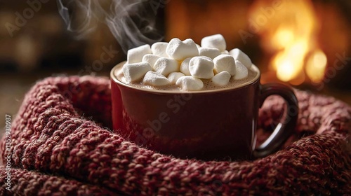 Obraz na płótnie Steaming hot chocolate with marshmallows by fireplace. (1) w salonie