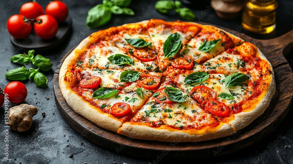 Delicious margherita pizza with fresh basil and cherry tomatoes on a wooden board.