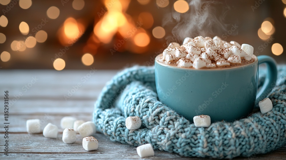 Steaming hot chocolate with marshmallows by fireplace.