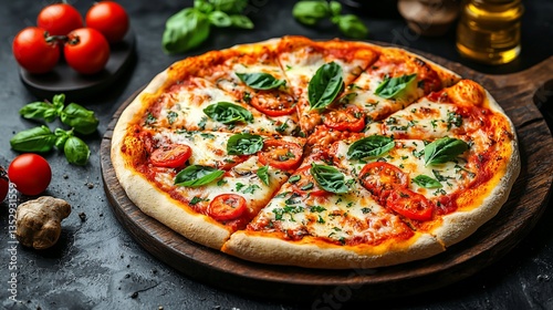 Delicious margherita pizza with fresh basil and cherry tomatoes on a wooden board.