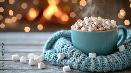 Obraz na płótnie Steaming hot chocolate with marshmallows by fireplace. w salonie