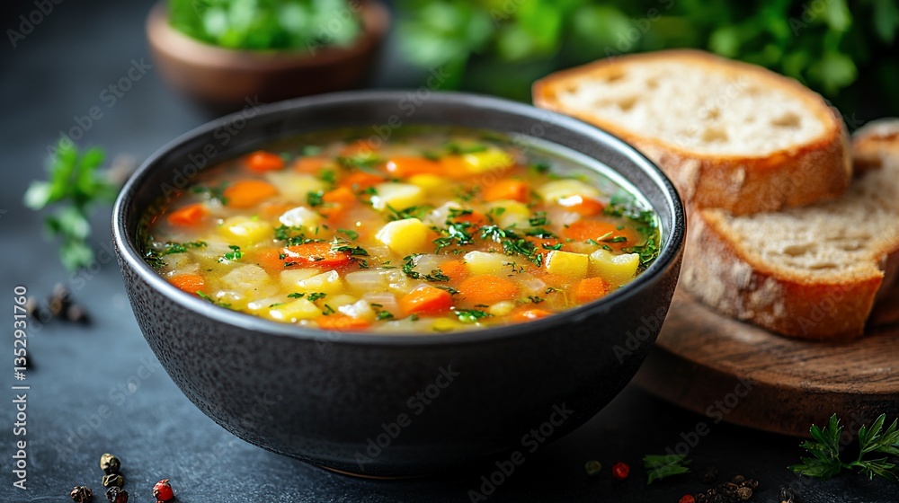 Hearty vegetable soup in bowl with bread. (1)