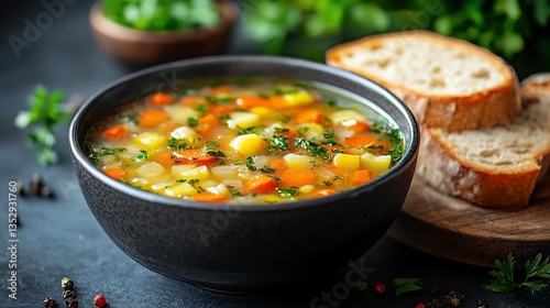 Obraz na płótnie Hearty vegetable soup in bowl with bread. (1) w salonie