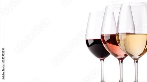 A visually stunning arrangement of three colored wine glasses, filled with luscious red, pink, and white wines, embodying the vibrancy and versatility of wine culture.