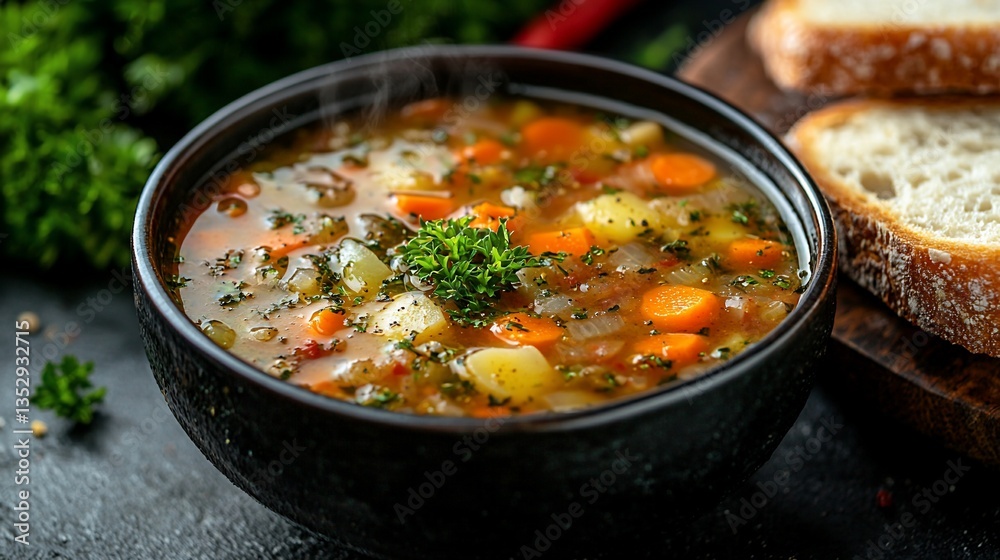 Steaming hot vegetable soup in bowl with bread.