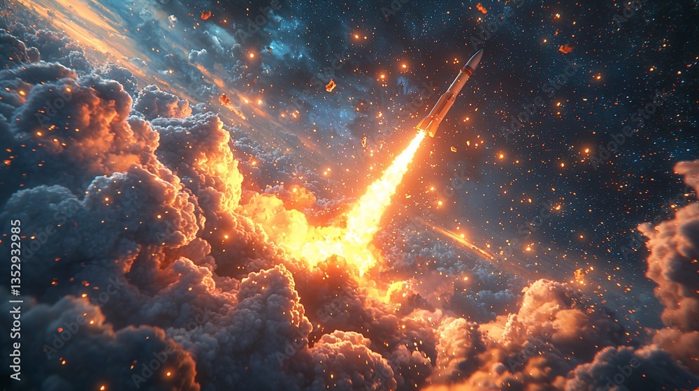Rocket launching through fiery clouds into space.