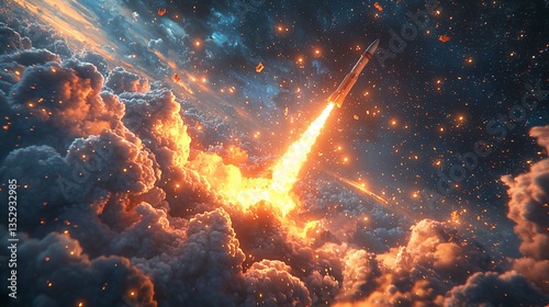 Obraz na płótnie Rocket launching through fiery clouds into space. w salonie