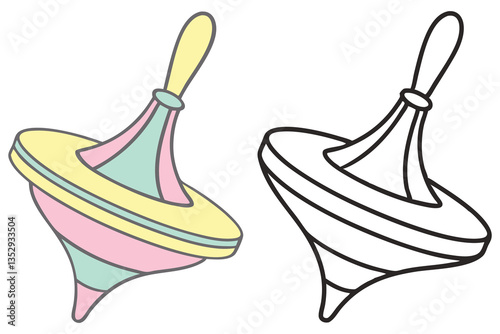 Spinning Top Toy Illustrations Color & Line Art Versions, Playful Design Elements