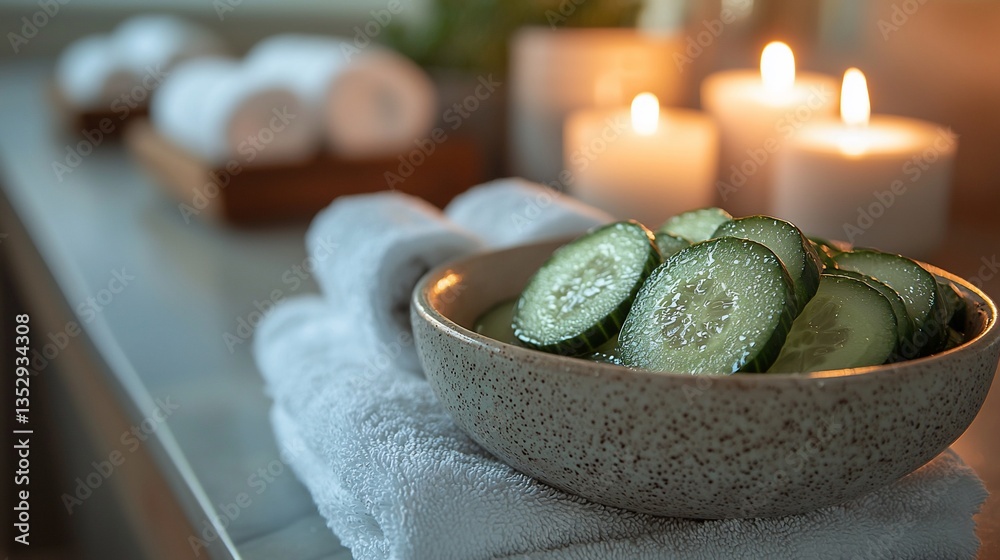 Spa treatment with cucumber slices in bowl, candles, and towels.