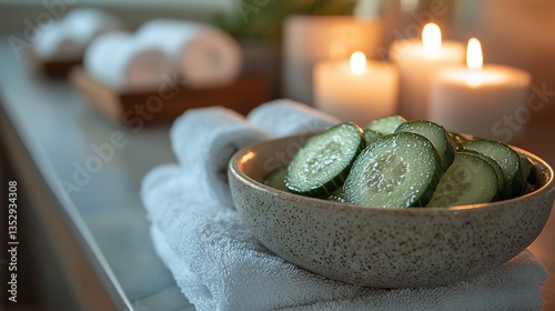 Obraz na płótnie Spa treatment with cucumber slices in bowl, candles, and towels. w salonie