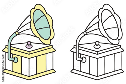 Stylized Phonograph Clipart, Retro Music Device, Colorful & Outlined