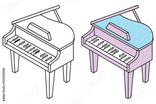 Two Isolated Grand Pianos, One Line Art, Other Blue and Lavender, Isometric Style View