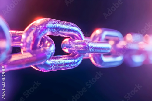 Close-up of metallic chain links, vibrant colors, dark background