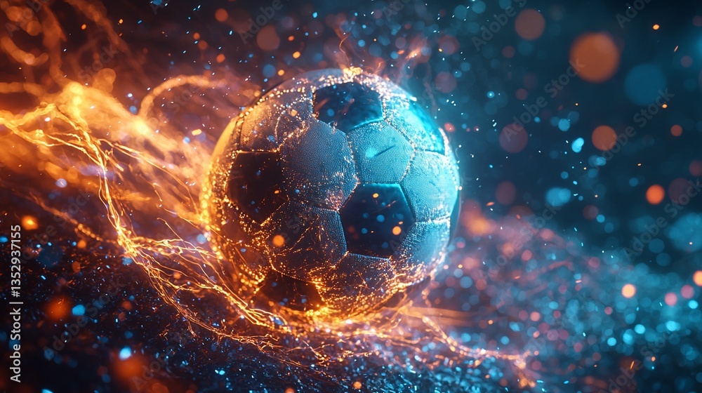 Fiery, icy soccer ball with energy trails.