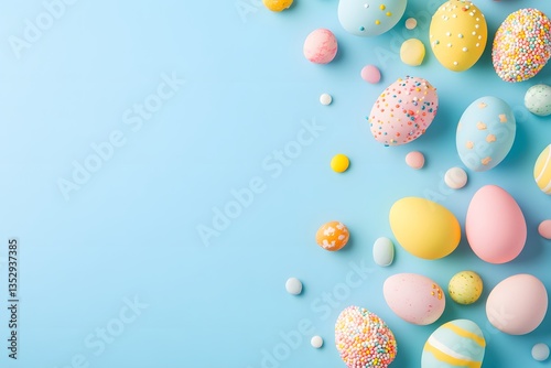 Colorful easter eggs scattered playfully on a bright blue background, capturing the essence of springtime festivities and joy Generative AI