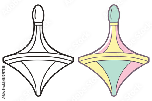 Two Spinning Tops Black and White Outline, Pastel Colors, Simple Drawing