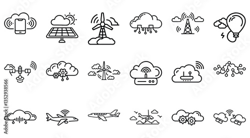 Collection of Line Icons Representing Cloud Computing, Renewable Energy, and IoT Technology