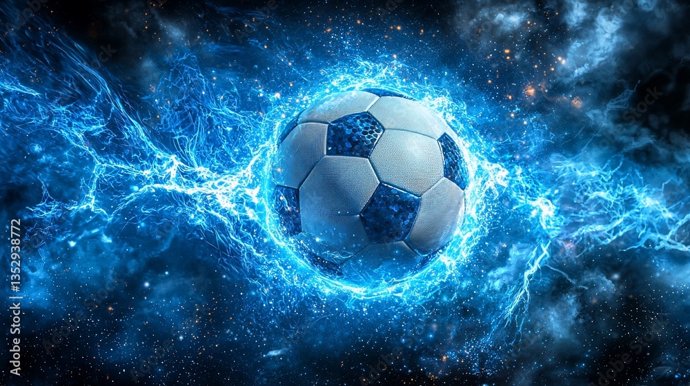 Fototapeta premium Fiery blue energy engulfing soccer ball.