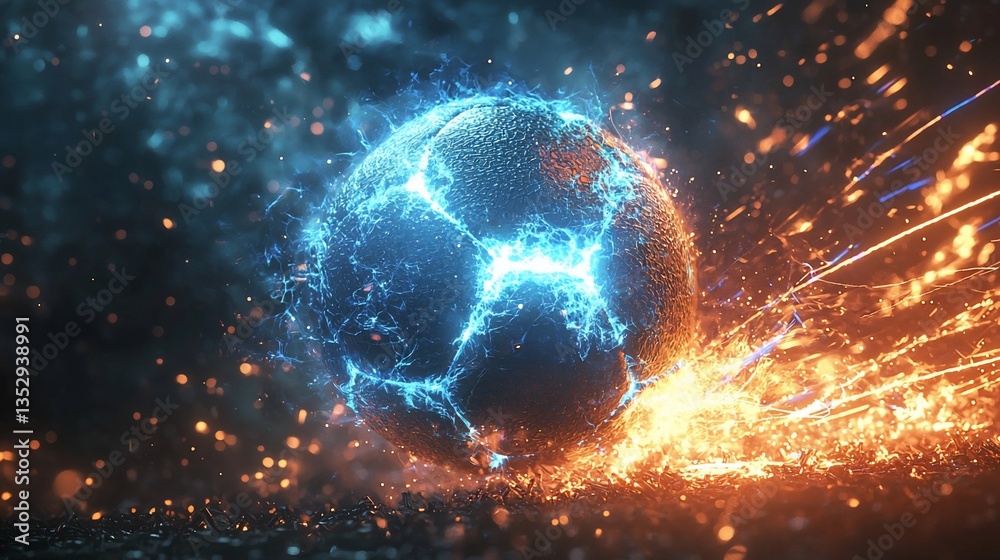 Fiery, electric soccer ball exploding with energy.