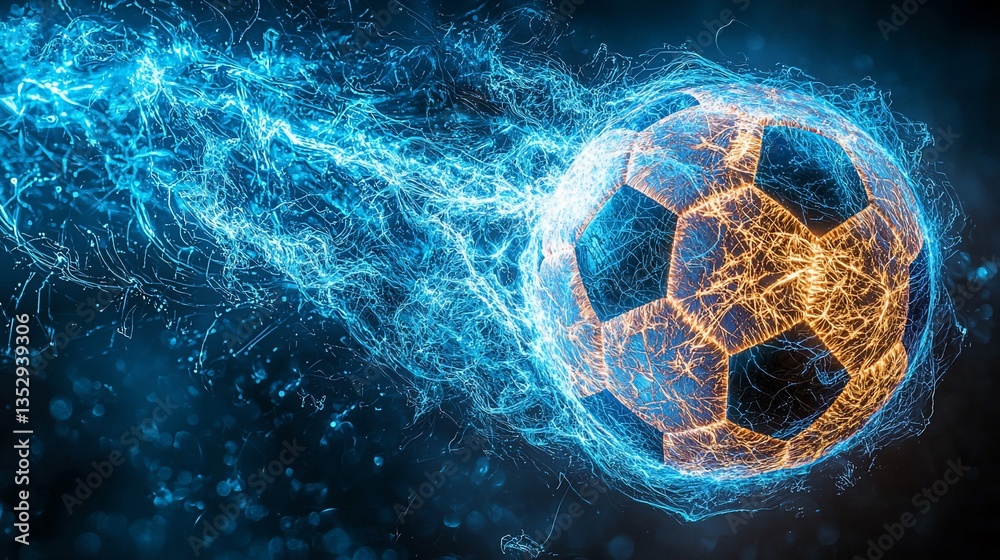 Energetic soccer ball with glowing trails.