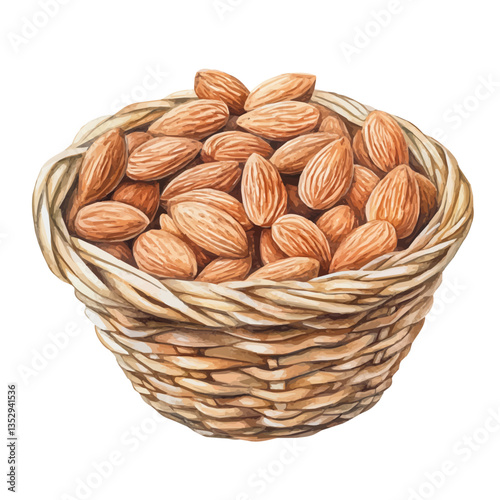 A watercolor vector painting of an Indian almond basket, isolated on a white background. Indian almond basket vector.

