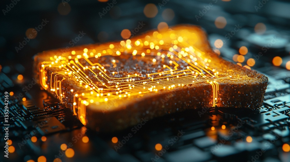 Glowing circuitry embedded in a slice of bread on a circuit board.