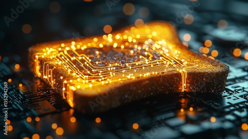 Obraz na płótnie Glowing circuitry embedded in a slice of bread on a circuit board. w salonie