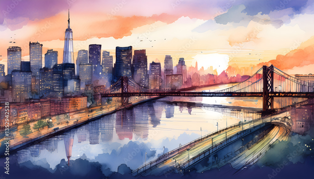 Fototapeta premium A watercolor painting of the New York City skyline at sunset, featuring bridges over a river and a vibrant, colorful sky