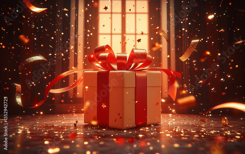 Elegant Gift Box with Red Ribbon and Confetti Celebration Background