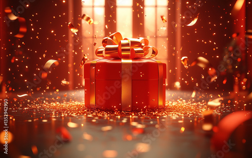 Red Gift Box with Golden Ribbon and Confetti Celebration Background