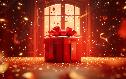 Red Gift Box with Ribbon and Confetti in Festive Room for Celebration