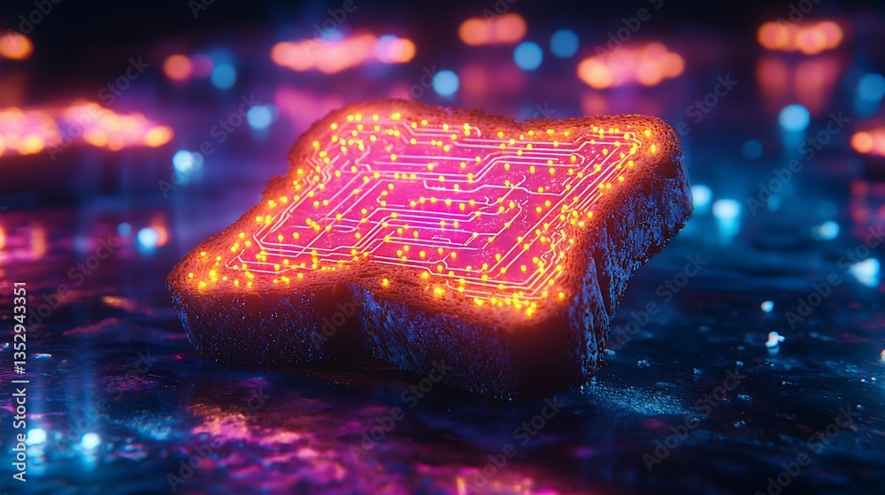 Glowing circuit board inside bread slice.