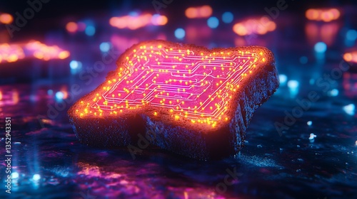 Obraz na płótnie Glowing circuit board inside bread slice. w salonie