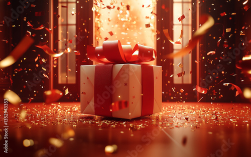 Elegant Gift Box with Red Ribbon and Confetti Falling for Celebration