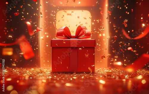 Red Gift Box with Ribbon and Confetti Celebration Background