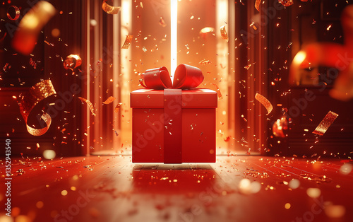 Red Gift Box with Bow Surrounded by Confetti, Celebration, Surprise, and Bright Light.