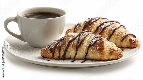 Two chocolate croissants and coffee on a plate.