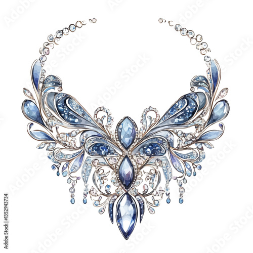 A watercolor vector painting of an intricate diamond choker necklace with an exquisite design, isolated on a white background. Diamond choker necklace vector.

