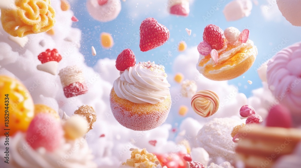 Floating Pastries and Whipped Cream in a Dreamy Sky Floating Pastries and Whipped Cream in a Dreamy Sky