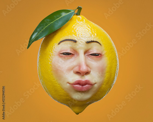  a lemon with human-like facial features. The lemon is bright yellow with a glossy texture, and it has a large, exaggerated face with closed eyes and puckered lips, giving it a humorous expression (2)